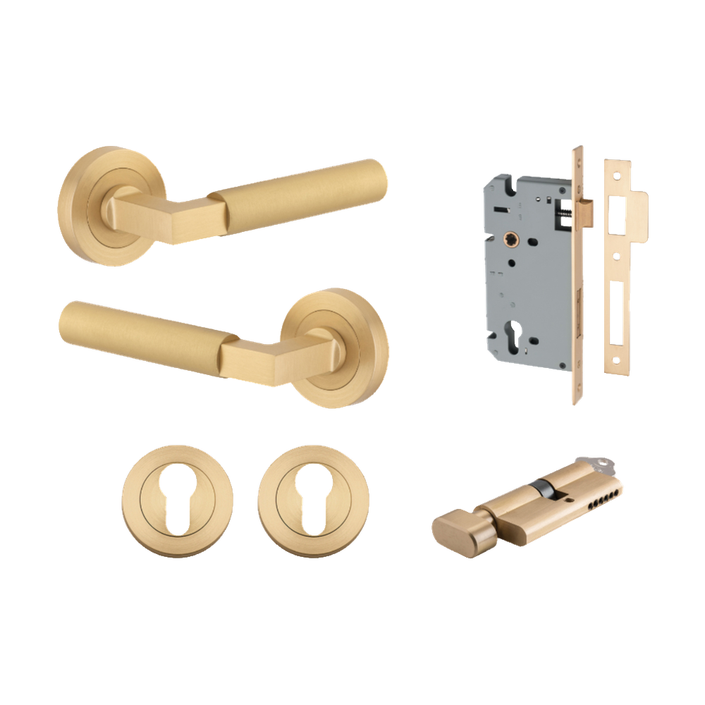 Door Lever Berlin Rose Round Pair Brushed Brass L120xP60mm BPD52mm, Mortice Lock Euro Brushed Brass CTC85mm Backset 60mm, Euro Cylinder Key Thumb 5 Pin Brushed Brass 65mm KA4, Escutcheon Euro Concealed Fix Round Pair Brushed Brass D52xP10mm in Brushed Brass