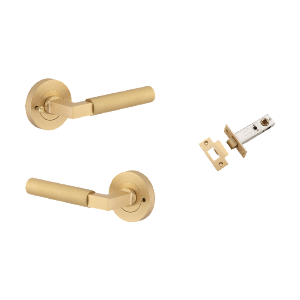 Door Lever Berlin Rose Round Brushed Brass L120xP60mm BPD52mm Inbuilt Privacy Kit, Tube Latch Privacy with Faceplate & T striker Backset 60mm in Brushed Brass