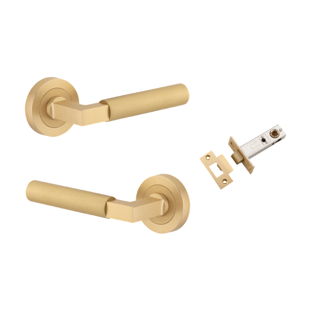 Door Lever Berlin Rose Round Brushed Brass L120xP60mm BPD52mm Passage Kit, Tube Latch Split Cam 'T' Striker Brushed Brass Backset 60mm in Brushed Brass