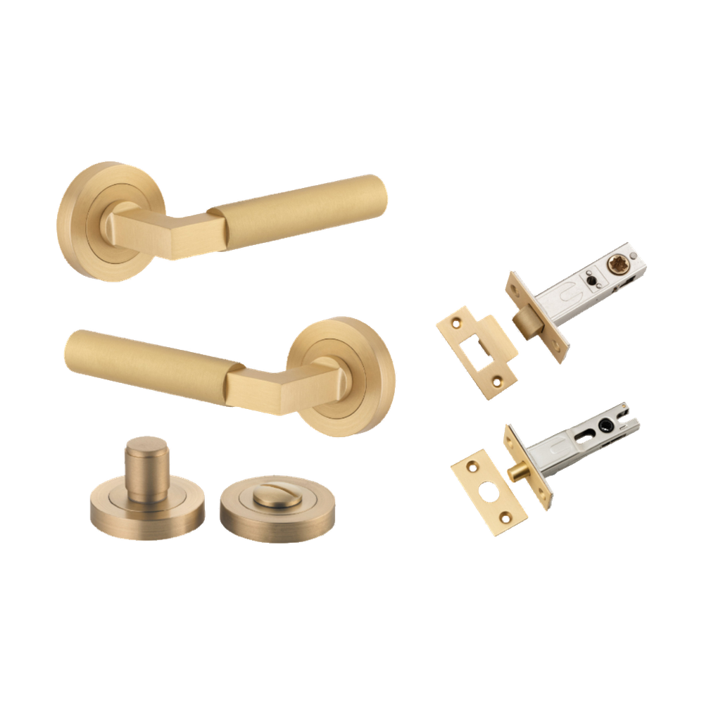 Door Lever Berlin Rose Round Brushed Brass L120xP60mm BPD52mm Privacy Kit, Tube Latch Split Cam 'T' Striker Brushed Brass Backset 60mm, Privacy Bolt Round Bolt Brushed Brass Backset 60mm, Privacy Turn Berlin Concealed Fix Round D52xP35mm in Brushed Brass