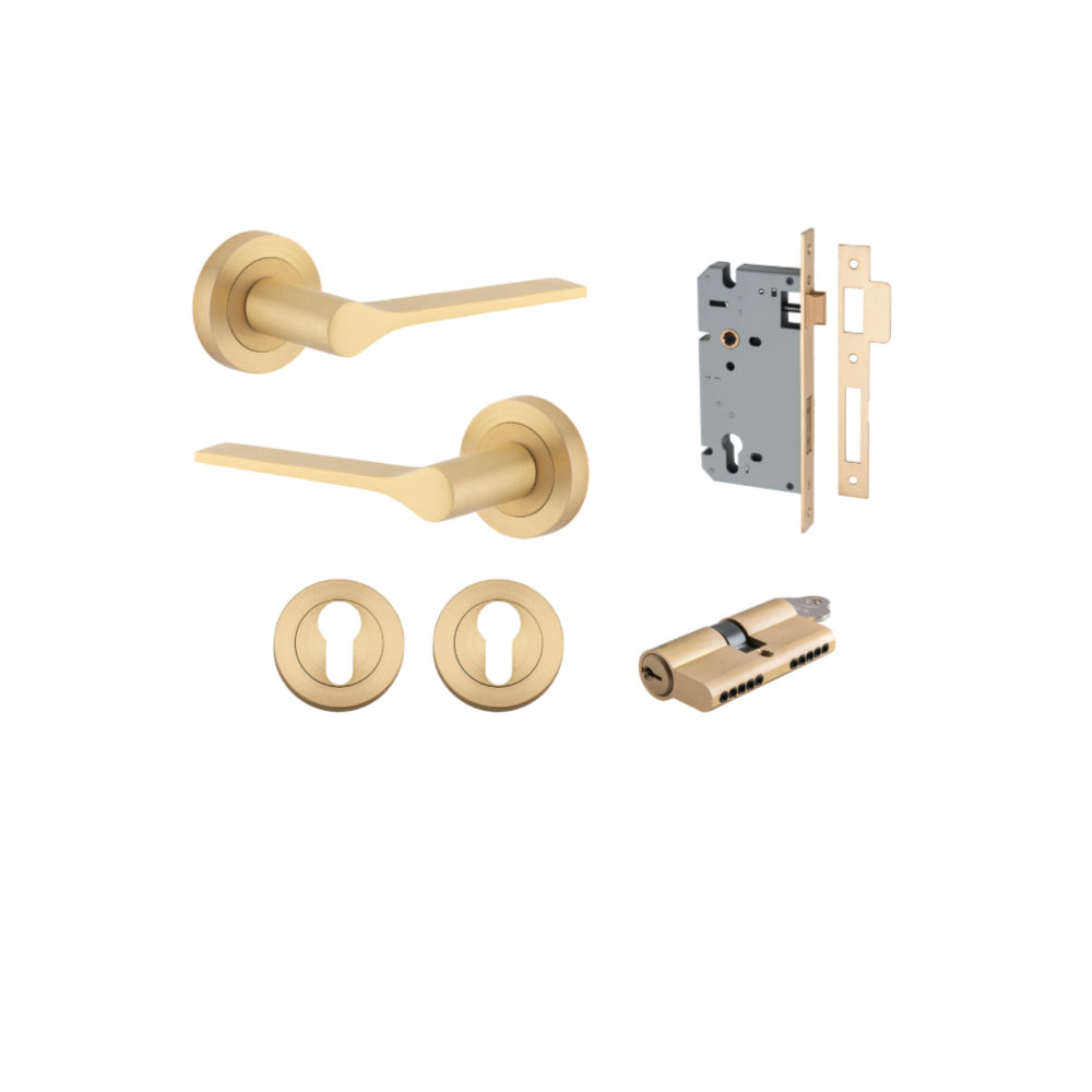 Door Lever Como Rose Round Pair Brushed Brass L119xP62mm BPD52mm, Mortice Lock Euro Brushed Brass CTC85mm Backset 60mm, Euro Cylinder Dual Function 5 Pin Brushed Brass 65mm KA4, Escutcheon Euro Concealed Fix Round Pair Brushed Brass D52xP10mm in Brushed Brass