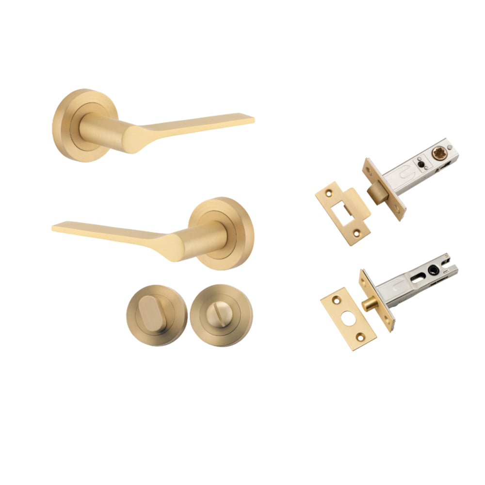 Door Lever Como Rose Round Brushed Brass L119xP62mm BPD52mm Privacy Kit, Tube Latch Split Cam 'T' Striker Brushed Brass Backset 60mm, Privacy Bolt Round Bolt Brushed Brass Backset 60mm, Privacy Turn Oval Concealed Fix Round Brushed Brass D52xP23mm in Brushed Brass