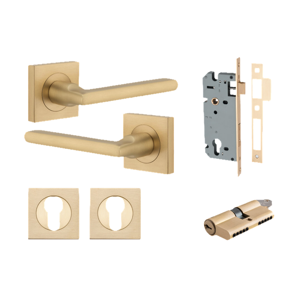 Door Lever Baltimore Square Rose Pair Brushed Brass H52xW52xP58mm Entrance Kit, Mortice Lock Euro Brushed Brass CTC85mm Backset 60mm, Euro Cylinder Dual Function 5 Pin Brushed Brass L65mm KA1, Escutcheon Euro Concealed Fix Square Pair Brushed Bras… in Brushed Brass