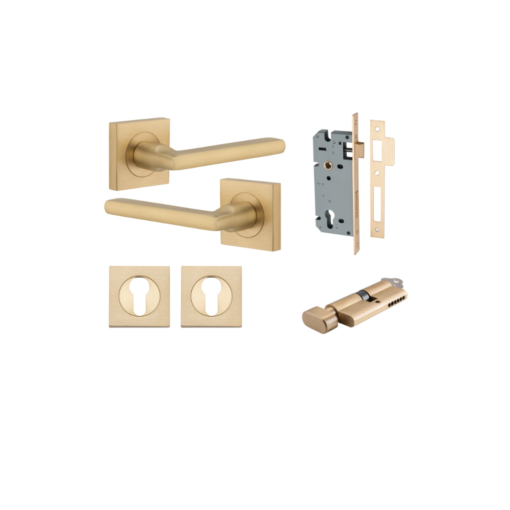 Door Lever Baltimore Square Rose Pair Brushed Brass H52xW52xP58mm Entrance Kit, Mortice Lock Euro Brushed Brass CTC85mm Backset 60mm, Euro Cylinder Key Thumb 6 Pin Brushed Brass L70mm KA1, Escutcheon Euro Concealed Fix Square Pair Brushed Brass… in Brushed Brass