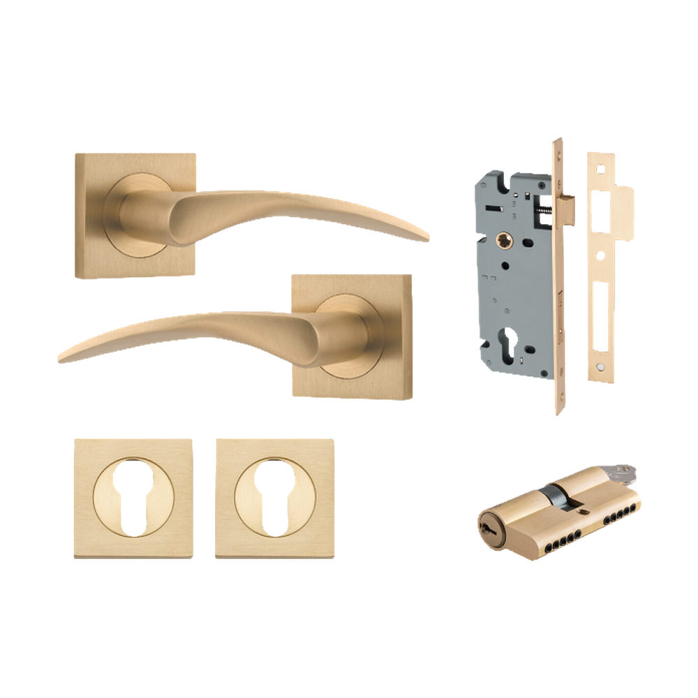 Door Lever Oxford Square Rose Pair Brushed Brass H52xW52xP64mm Entrance Kit, Mortice Lock Euro Brushed Brass CTC85mm Backset 60mm, Euro Cylinder Dual Function 5 Pin Brushed Brass L65mm KA1, Escutcheon Euro Concealed Fix Square Pair Brushed Brass H… in Brushed Brass