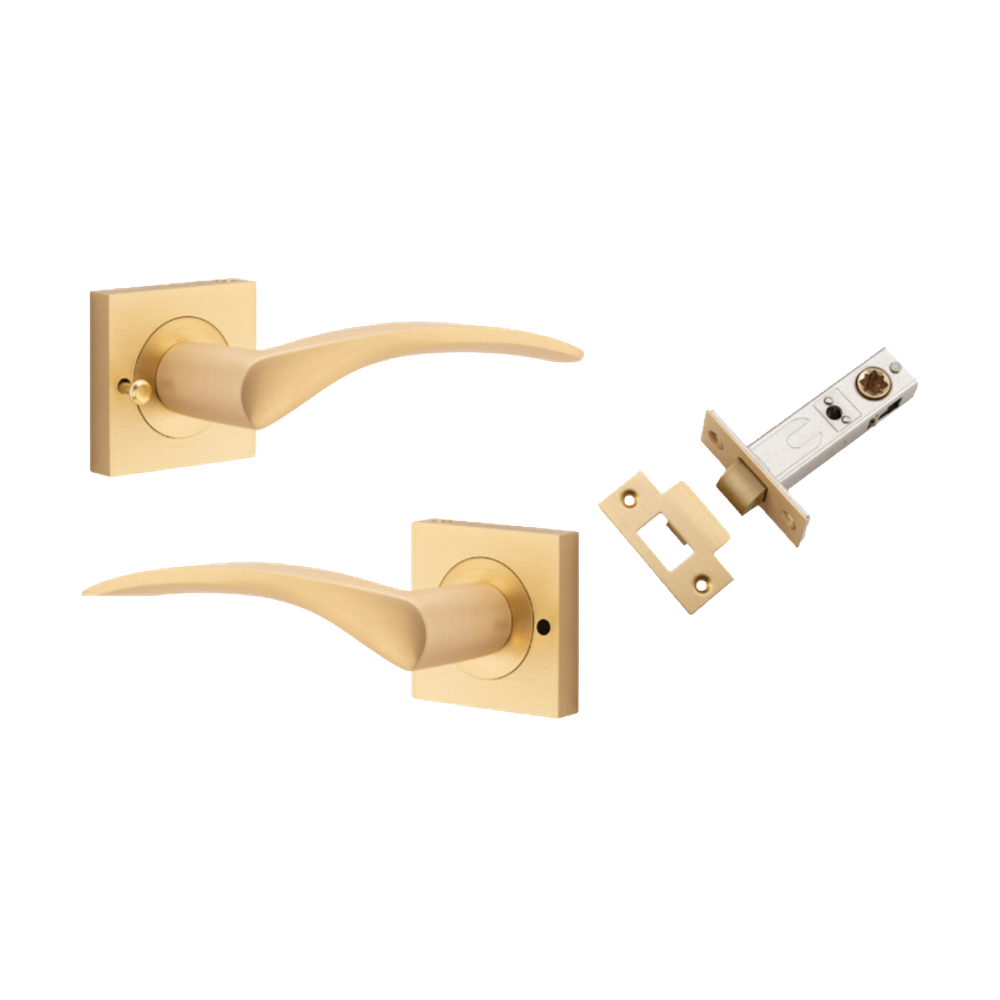 Door Lever Oxford Square Rose Inbuilt Privacy Pair Brushed Brass H52xW52xP64mm with Tube Latch Privacy with Faceplate & T Striker Backset 60mm in Brushed Brass