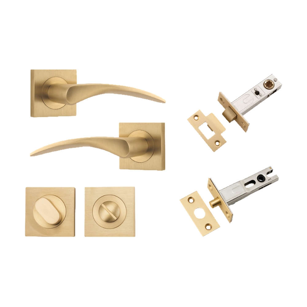 Door Lever Oxford Square Rose Pair Brushed Brass H52xW52xP64mm Privacy Kit, Tube Latch Split Cam 'T' Striker Brushed Brass Backset 60mm, Privacy Bolt Round Bolt Brushed Brass Backset 60mm, Privacy Turn Oval Concealed Fix Square Brushed Brass H52xW… in Brushed Brass