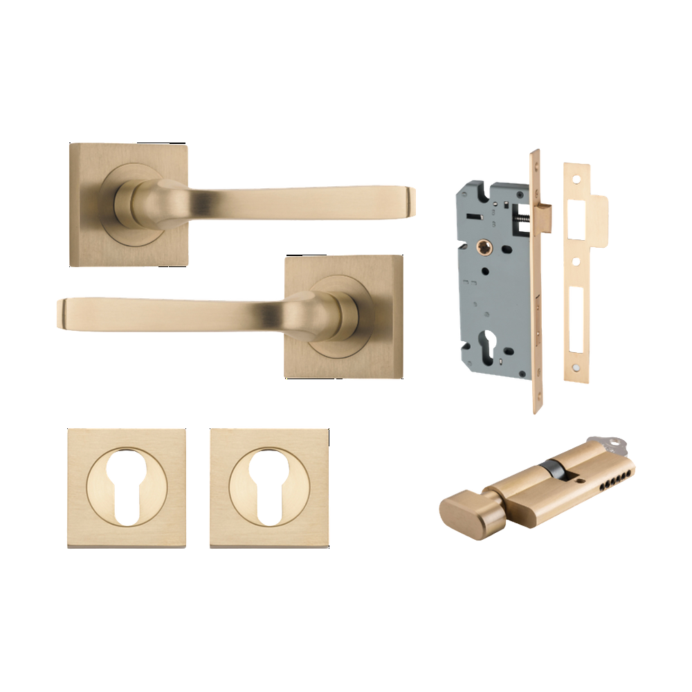 Door Lever Annecy Square Rose Pair Brushed Brass H52xW52xP65mm Entrance Kit, Mortice Lock Euro Brushed Brass CTC85mm Backset 60mm, Euro Cylinder Key Thumb 6 Pin Brushed Brass L70mm
KA1, Escutcheon Euro Concealed Fix Square Pair Brushed Brass H5… in Brushed Brass