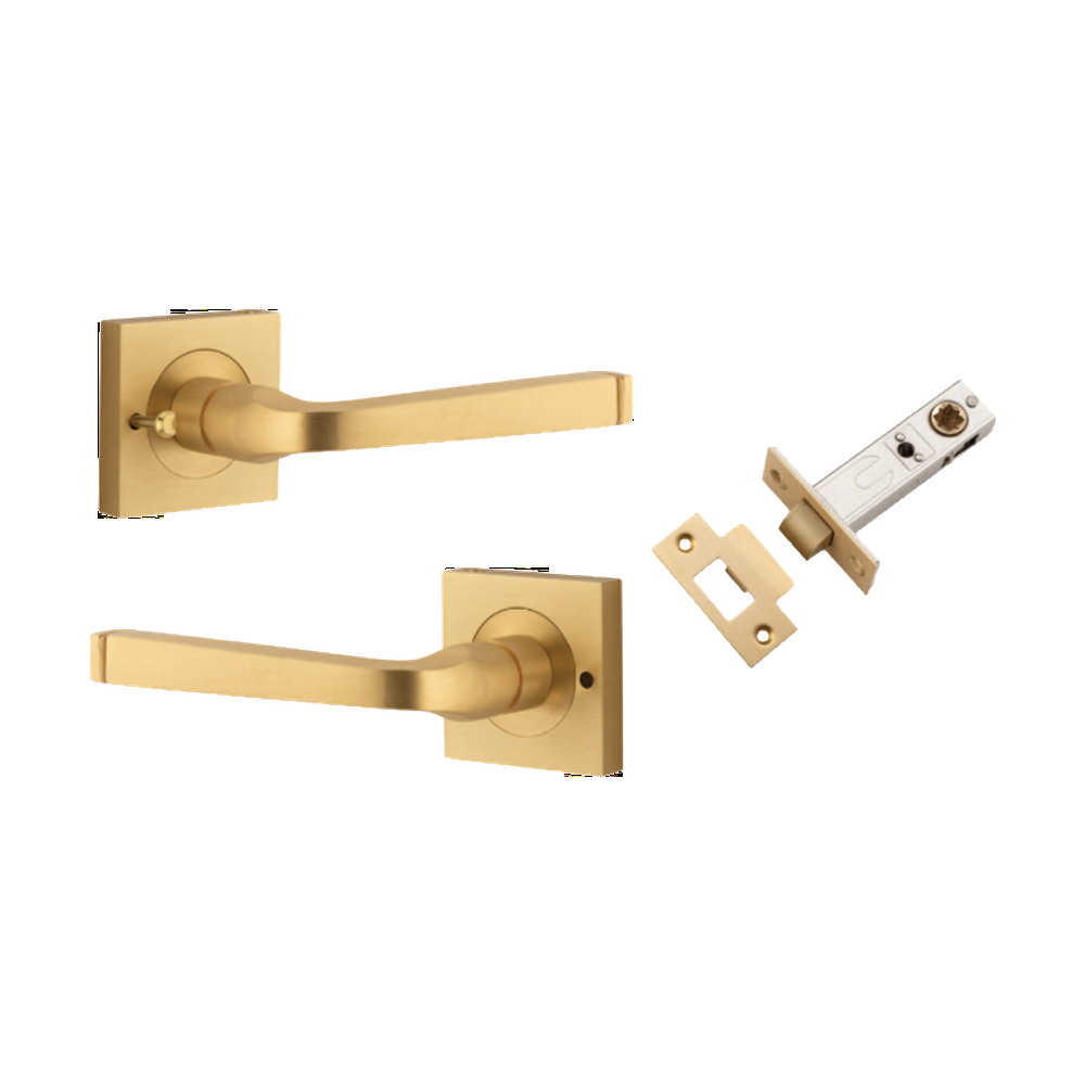 Door Lever Annecy Square Rose Inbuilt Privacy Pair Brushed Brass H52xW52xP65mm with Tube Latch Privacy with Faceplate & T Striker Backset 60mm in Brushed Brass