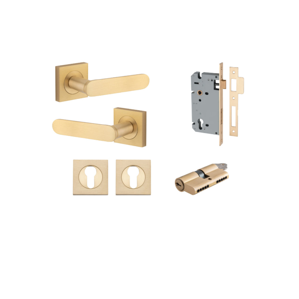 Door Lever Bronte Rose Square Pair Brushed Brass L117xP56mm BPH52xW52mm, Mortice Lock Euro Brushed Brass CTC85mm Backset 60mm, Euro Cylinder Dual Function 5 Pin Brushed Brass 65mm KA4, Escutcheon Euro Concealed Fix Square Pair H52xW52xP10mm in Brushed Brass