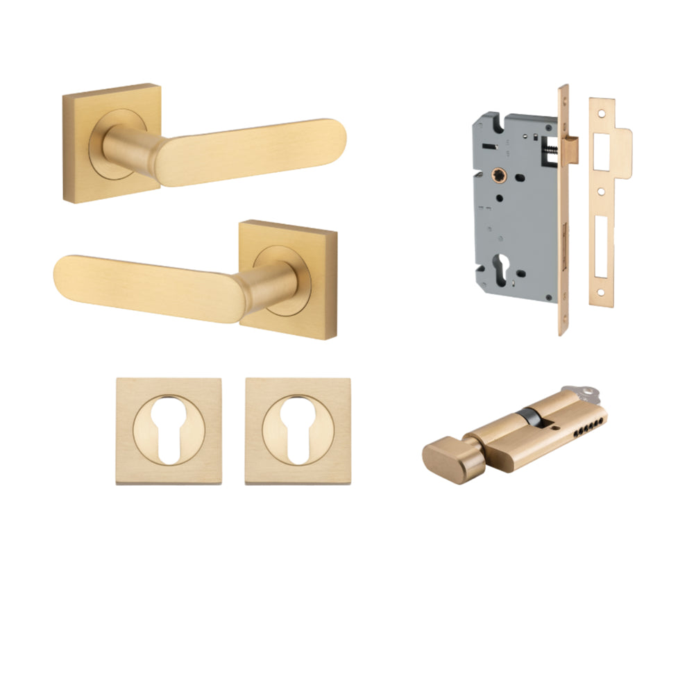 Door Lever Bronte Rose Square Pair Brushed Brass L117xP56mm BPH52xW52mm, Mortice Lock Euro Brushed Brass CTC85mm Backset 60mm, Euro Cylinder Key Thumb 5 Pin Brushed Brass 65mm KA4, Escutcheon Euro Concealed Fix Square Pair Brushed Brass H52xW52xP10mm in Brushed Brass