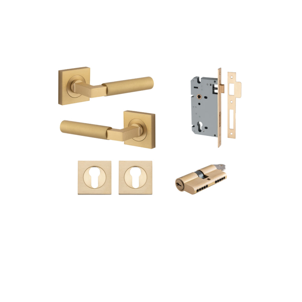Door Lever Berlin Rose Square Pair Brushed Brass L120xP60mm BPH52xW52mm, Mortice Lock Euro Brushed Brass CTC85mm Backset 60mm, Euro Cylinder Dual Function 5 Pin Brushed Brass 65mm KA4, Escutcheon Euro Concealed Fix Square Pair H52xW52xP10mm in Brushed Brass