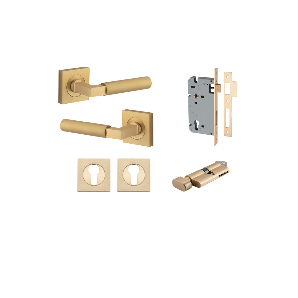 Door Lever Berlin Rose Square Pair Brushed Brass L120xP60mm BPH52xW52mm, Mortice Lock Euro Brushed Brass CTC85mm Backset 60mm, Euro Cylinder Key Thumb 5 Pin Brushed Brass 65mm KA4, Escutcheon Euro Concealed Fix Square Pair Brushed Brass H52xW52xP10mm in Brushed Brass