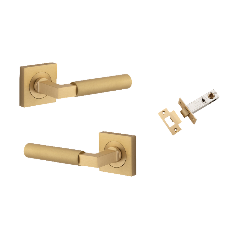 Door Lever Berlin Rose Square Brushed Brass L120xP60mm BPH52xW52mm Passage Kit, Tube Latch Split Cam 'T' Striker Brushed Brass Backset 60mm in Brushed Brass