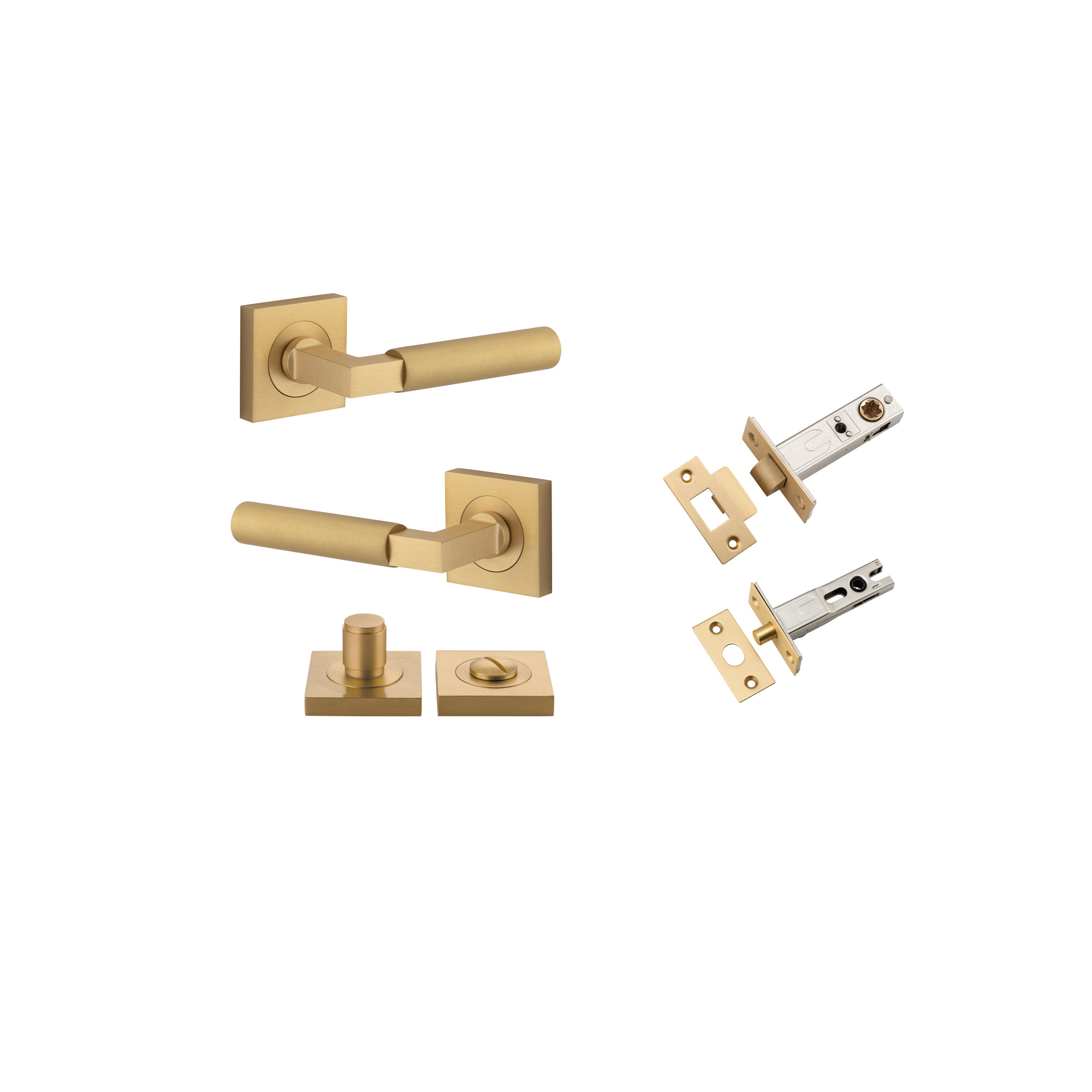 Door Lever Berlin Rose Square Brushed Brass L120xP60mm BPH52xW52mm Privacy Kit, Tube Latch Split Cam 'T' Striker Brushed Brass Backset 60mm, Privacy Bolt Round Bolt Brushed Brass Backset 60mm, Privacy Turn Berlin Concealed Fix Square D52xP35mm in Brushed Brass