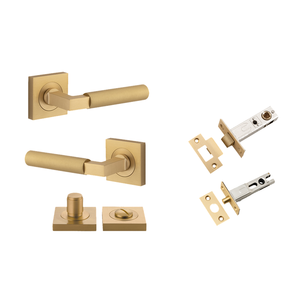 Door Lever Berlin Rose Square Brushed Brass L120xP60mm BPH52xW52mm Privacy Kit, Tube Latch Split Cam 'T' Striker Brushed Brass Backset 60mm, Privacy Bolt Round Bolt Brushed Brass Backset 60mm, Privacy Turn Berlin Concealed Fix Square D52xP35mm in Brushed Brass