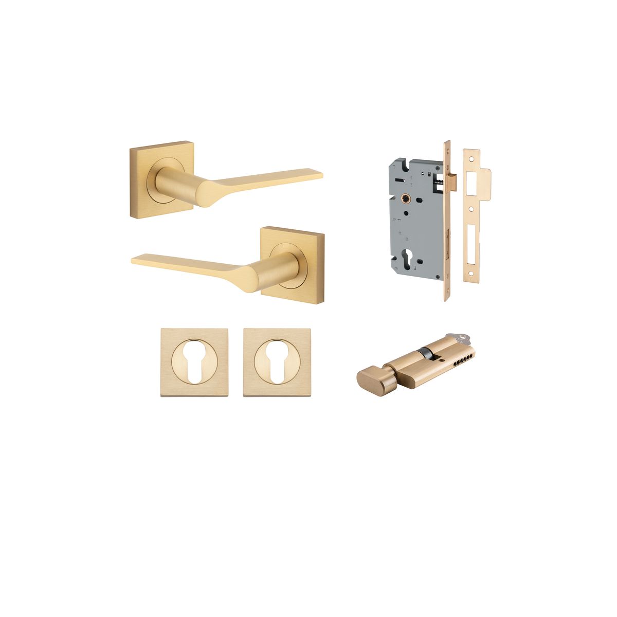 Door Lever Como Rose Square Pair Brushed Brass L119xP62mm BPH52xW52mm, Mortice Lock Euro Brushed Brass CTC85mm Backset 60mm, Euro Cylinder Key Thumb 5 Pin Brushed Brass 65mm KA4, Escutcheon Euro Concealed Fix Square Pair Brushed Brass H52xW52xP10mm in Brushed Brass