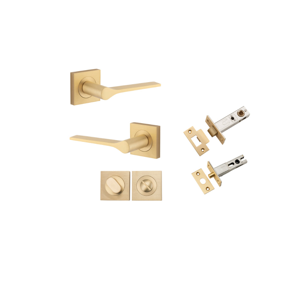 Door Lever Como Rose Square Brushed Brass L119xP62mm BPH52xW52mm Privacy Kit, Tube Latch Split Cam 'T' Striker Brushed Brass Backset 60mm, Privacy Bolt Round Bolt Brushed Brass Backset 60mm, Privacy Turn Oval Concealed Fix Square H52xW52xP23mm in Brushed Brass