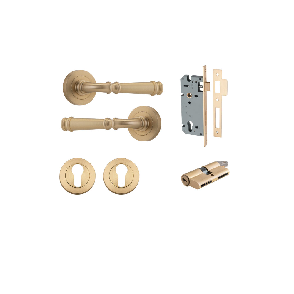Door Lever Verona Round Rose Pair Brushed Brass D52xP59mm Entrance Kit, Mortice Lock Euro Brushed Brass CTC85mm Backset 60mm, Euro Cylinder Dual Function 5 Pin Brushed Brass L65mm KA1, Escutcheon Euro Concealed Fix Round Pair Brushed Brass D52xP10mm in Brushed Brass