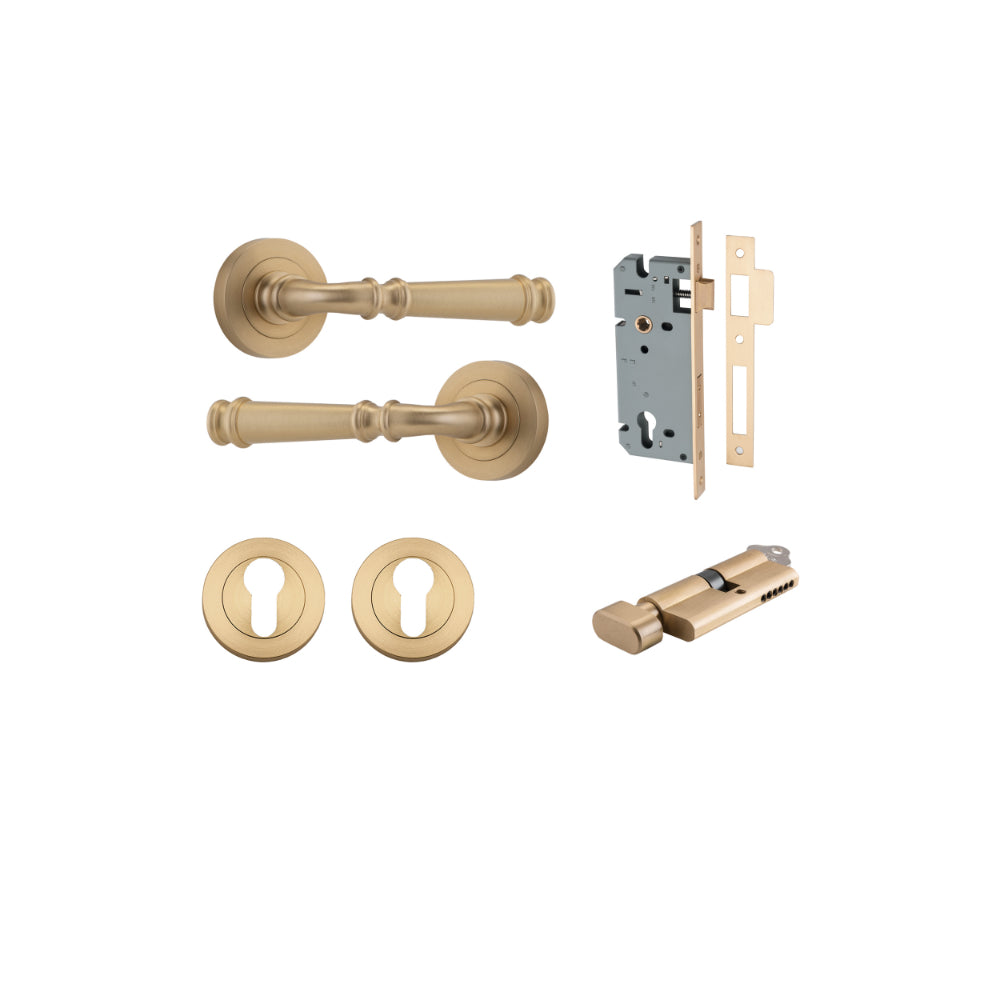 Door Lever Verona Round Rose Pair Brushed Brass D52xP59mm Entrance Kit, Mortice Lock Euro Brushed Brass CTC85mm Backset 60mm, Euro Cylinder Key Thumb 6 Pin Brushed Brass L70mm
KA1, Escutcheon Euro Concealed Fix Round Pair Brushed Brass D52xP10mm in Brushed Brass