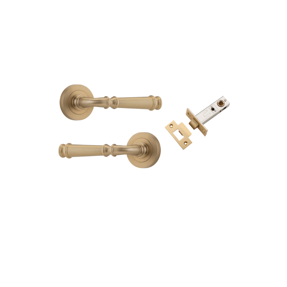 Door Lever Verona Round Rose Pair Brushed Brass D52xP59mm Passage Kit, Tube Latch Split Cam 'T' Striker Brushed Brass Backset 60mm in Brushed Brass