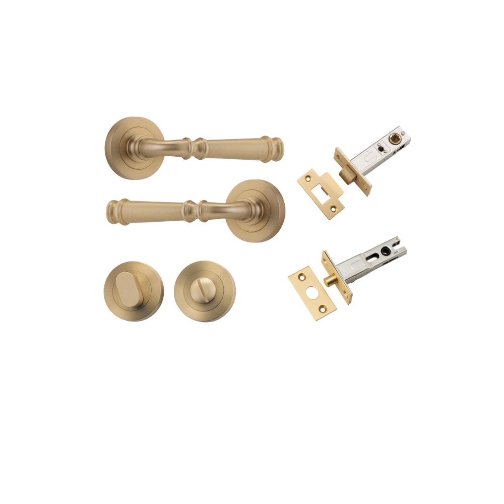 Door Lever Verona Round Rose Pair Brushed Brass D52xP59mm Privacy Kit, Tube Latch Split Cam 'T' Striker Brushed Brass Backset 60mm, Privacy Bolt Round Bolt Brushed Brass Backset 60mm, Privacy Turn Oval Concealed Fix Round Brushed Brass D52xP23mm in Brushed Brass