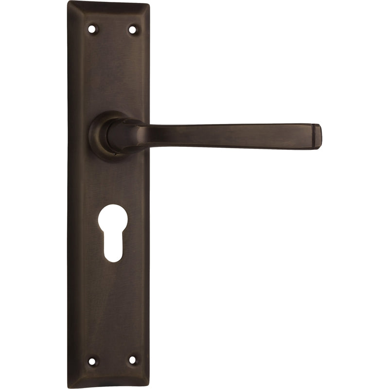 Door Lever Menton Euro Pair Antique Brass H225xW50xP75mm in Antique Brass