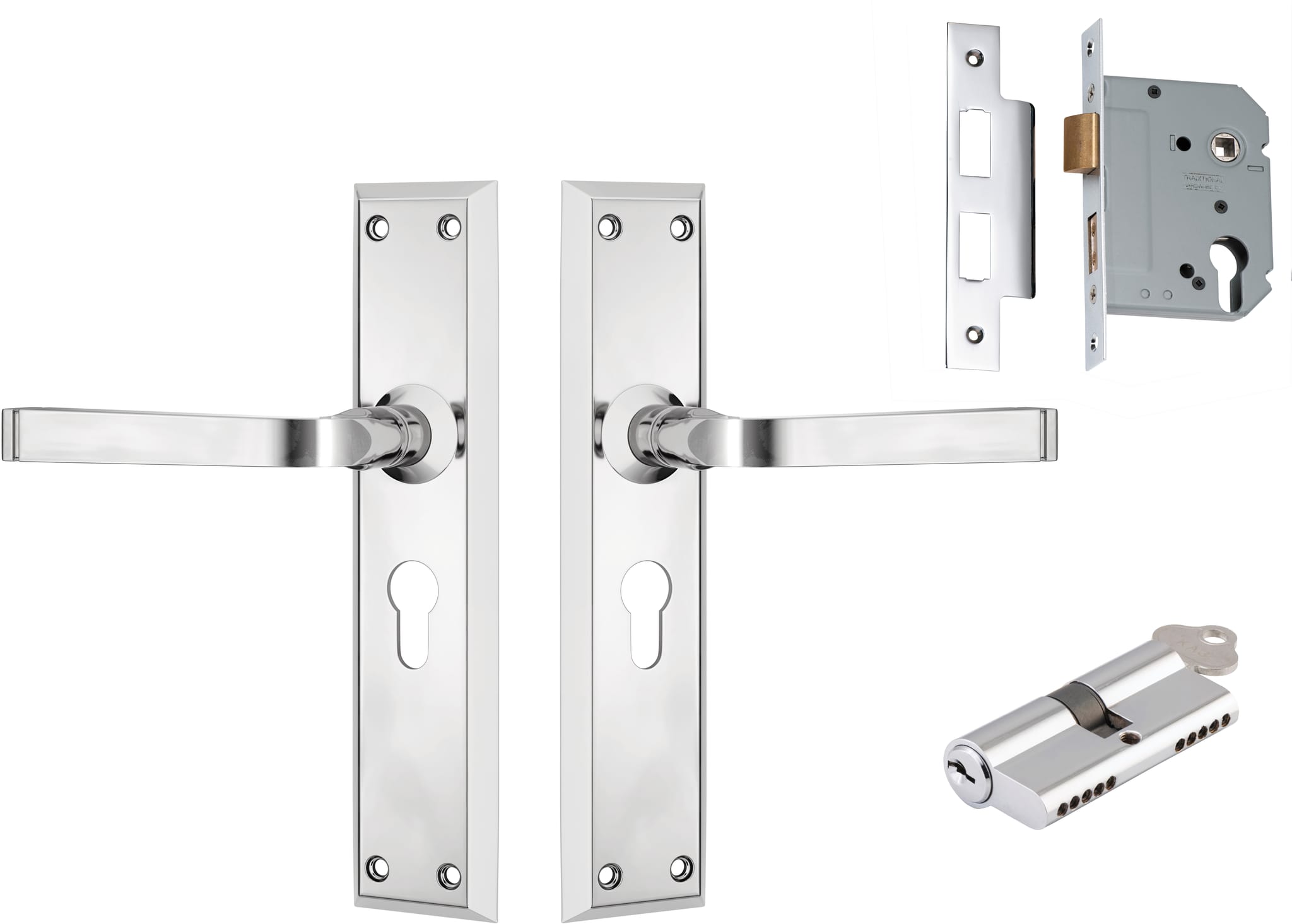 Door Lever Menton Chrome Plated Key / Key Entrance Set in Chrome Plated
