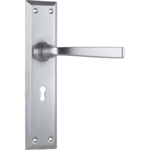 Door Lever Menton Lock Pair Satin Chrome H225xW50xP75mm in Satin Chrome