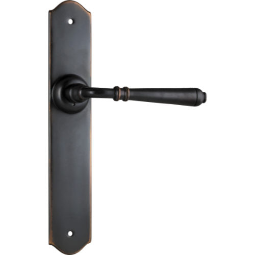 Pair of Tradco Reims lever handles on long backplates, showcasing elegant door hardware with a polished finish and classic design.