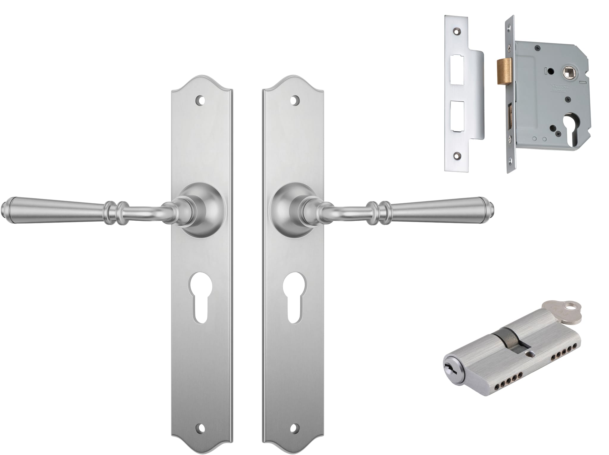 Door Lever Reims Satin Chrome Key / Key Entrance Set in Satin Chrome