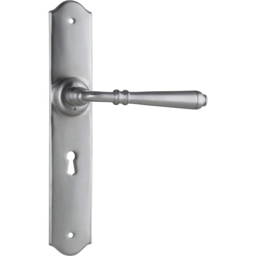 Pair of Tradco Reims lever door handles on long backplates, featuring a sleek, modern design in a matte finish.
