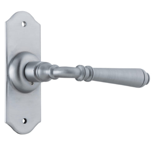 Door Lever Reims Latch Pair Satin Chrome H110xW43xP65mm in Satin Chrome