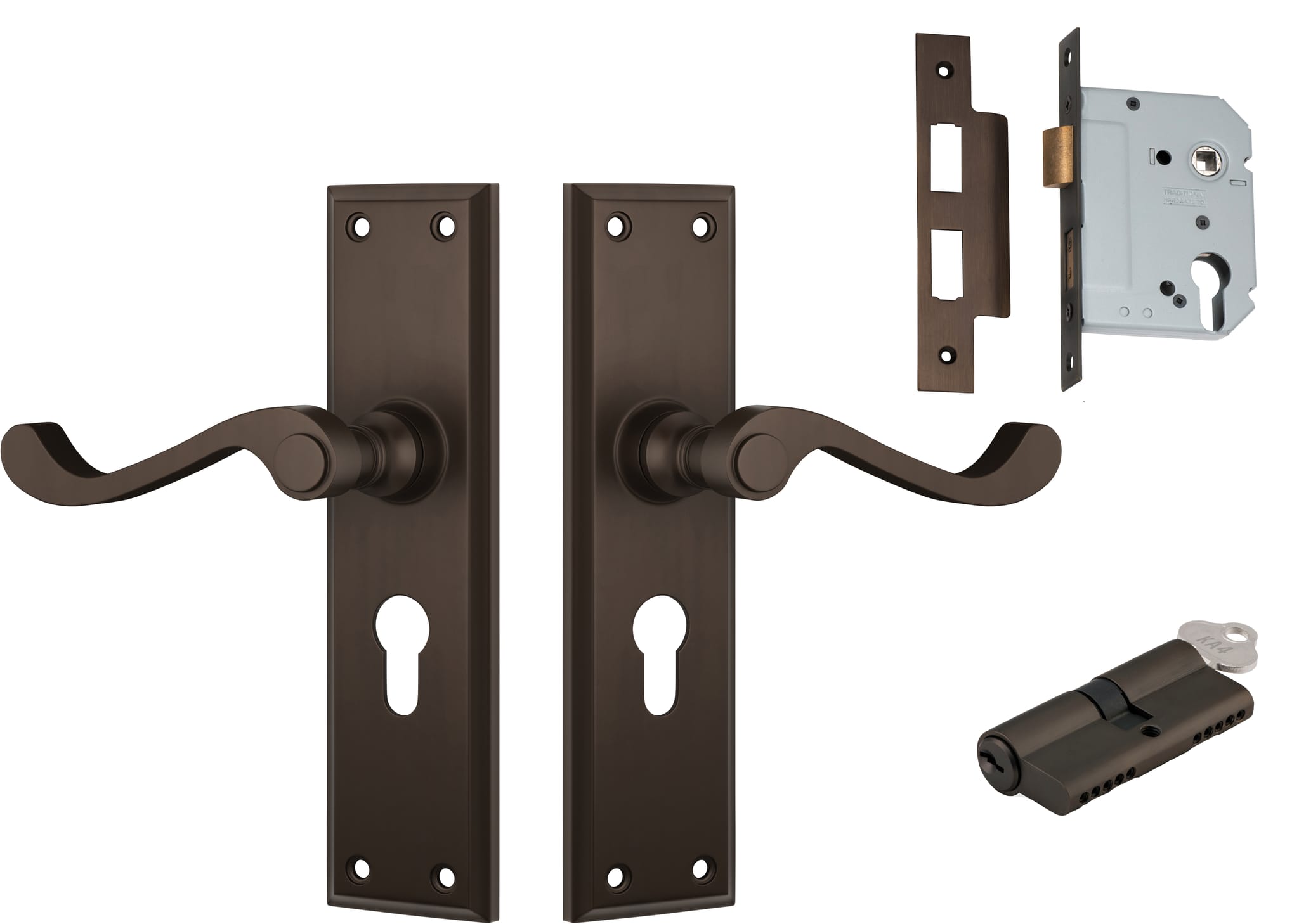 Door Lever Milton Antique Brass Key / Key Entrance Set in Antique Brass
