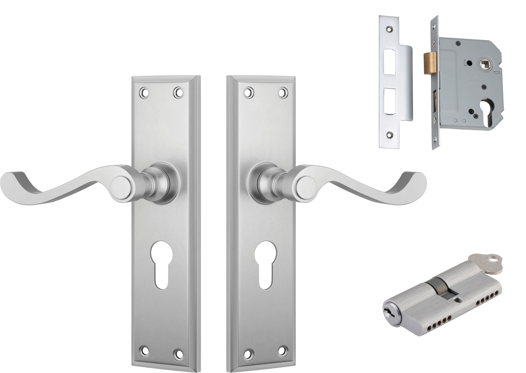 Door Lever Milton Satin Chrome Key / Key Entrance Set in Satin Chrome