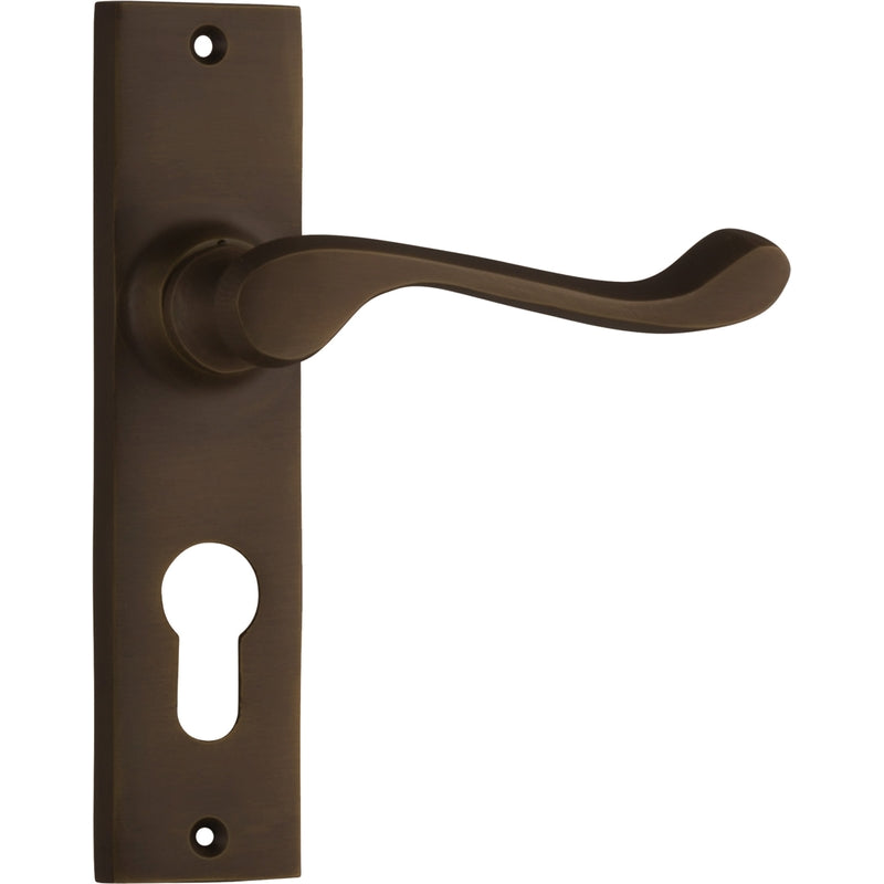Door Lever Fremantle Euro Pair Antique Brass H150xW35xP50mm in Antique Brass