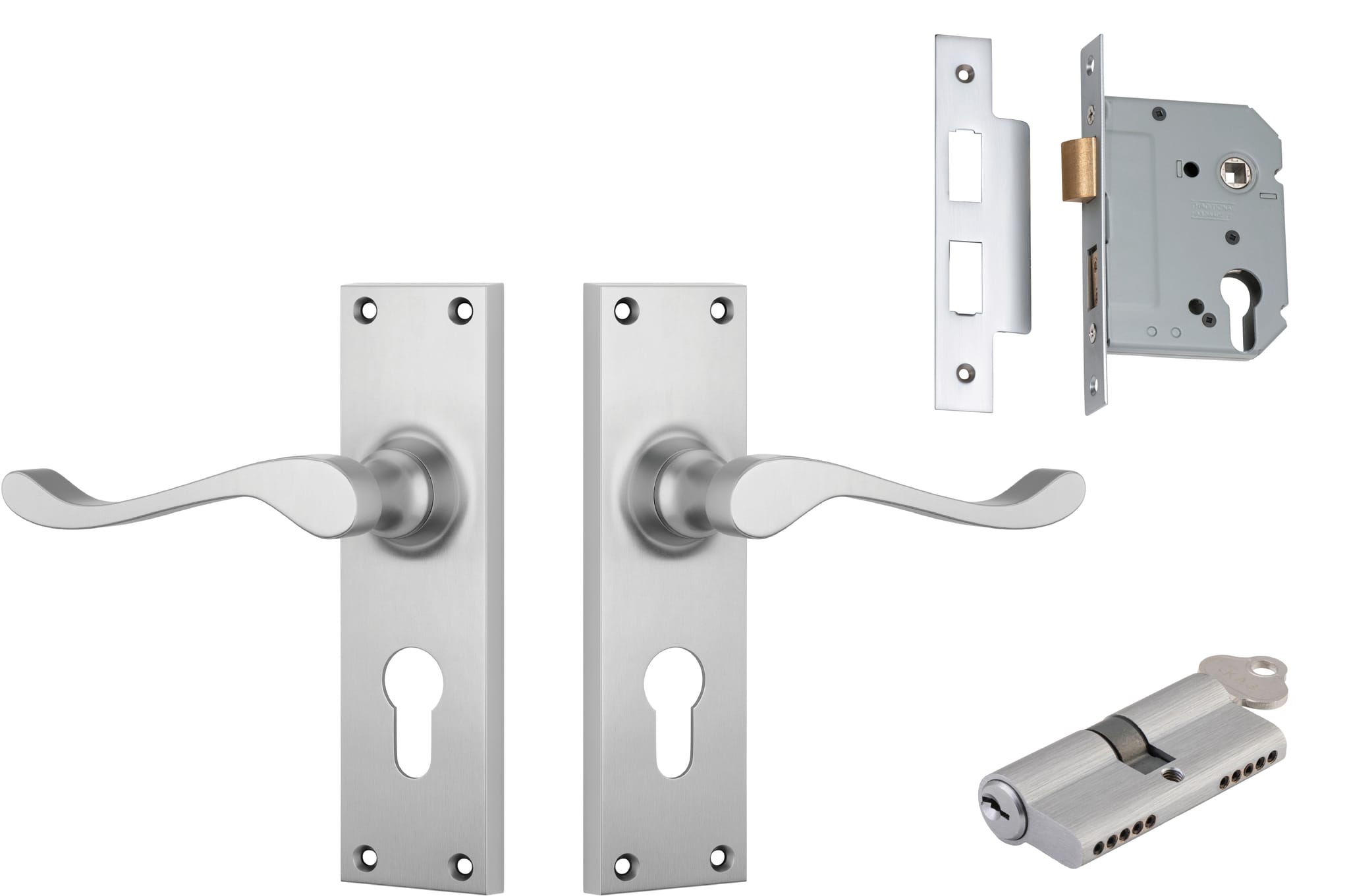 Door Lever Victorian Satin Chrome Key / Key Entrance Set in Satin Chrome