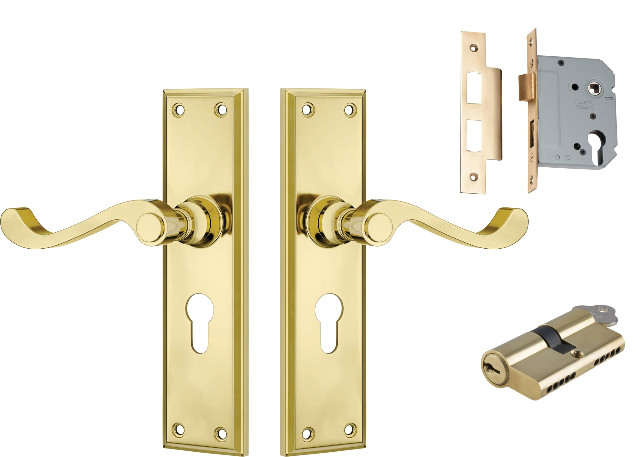Door Lever Milton Polished Brass Key / Key Entrance Set in Polished Brass