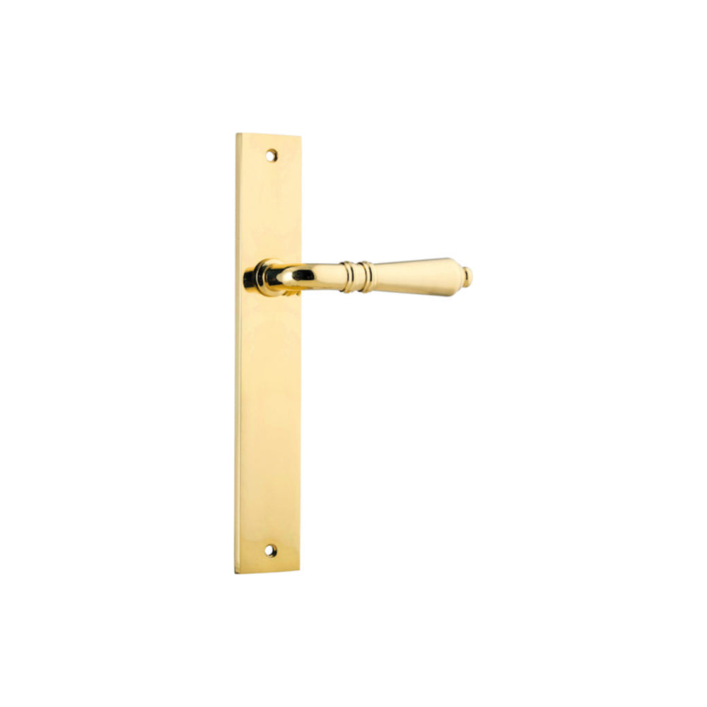 Pair of Iver Sarlat lever handles on rectangular backplates, showcasing their stylish design and polished finish.