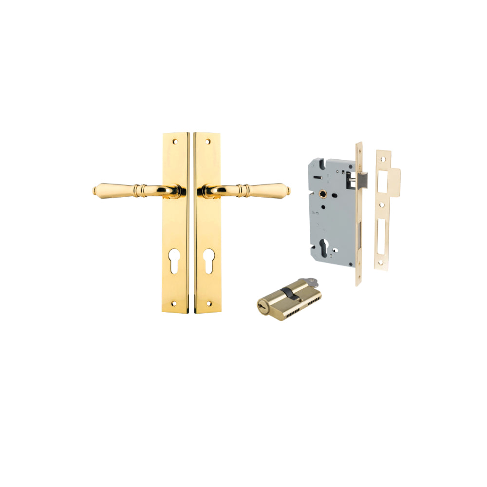 Pair of Iver Sarlat lever handle door hardware on rectangular backplates, featuring sleek black finish and modern design.