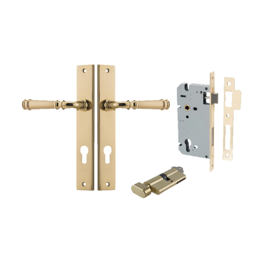 Door Lever Verona Rectangular Euro Polished Brass CTC85mm H240xW38xP59mm Entrance Kit, Mortice Lock Euro Polished Brass CTC85mm Backset 60mm, Euro Cylinder Key Thumb 6 Pin Polished Brass L70mm KA1 in Polished Brass
