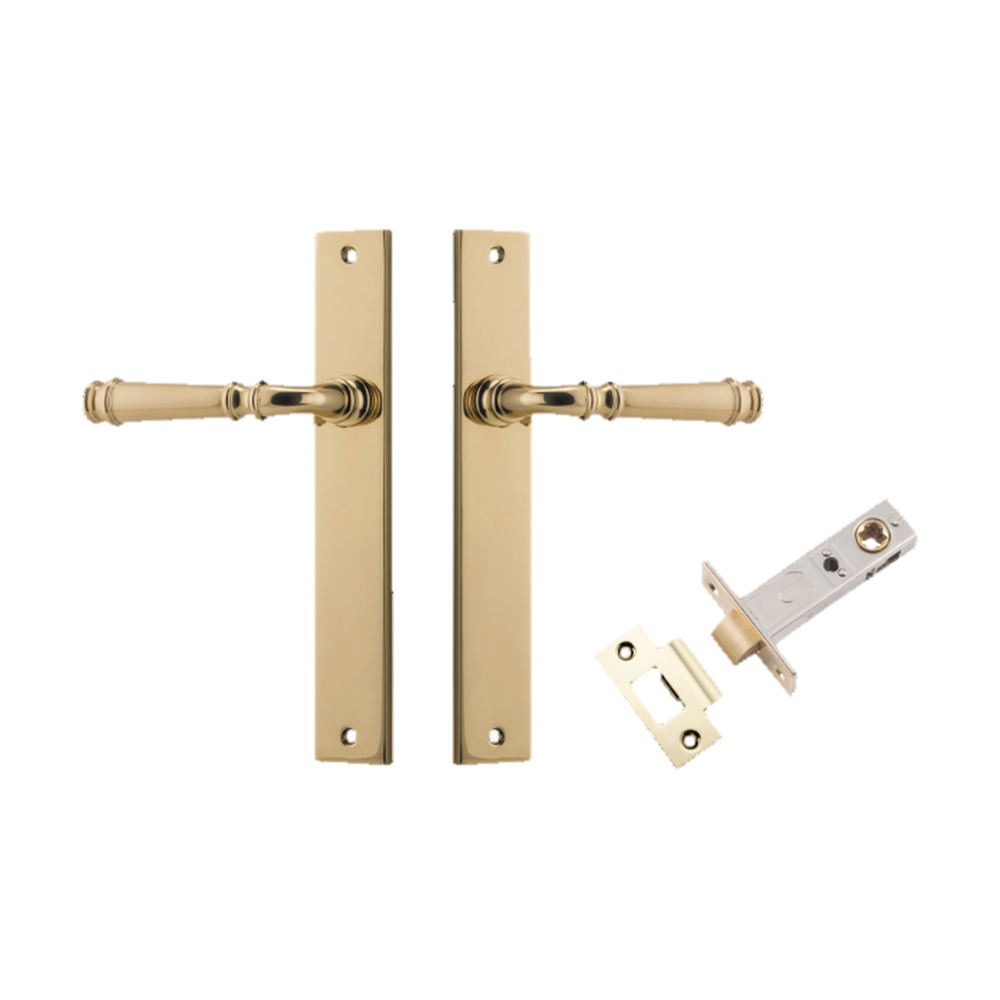 Door Lever Verona Rectangular Latch Polished Brass H240xW38xP59mm Passage Kit, Tube Latch Split Cam 'T' Striker Polished Brass Backset 60mm in Polished Brass