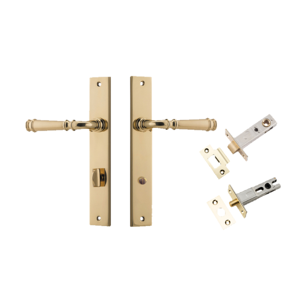 Door Lever Verona Rectangular Privacy Polished Brass CTC85mm H240xW38xP59mm Inbuilt Privacy Kit, Tube Latch Split Cam 'T' Striker Polished Brass Backset 60mm, Privacy Bolt Round Bolt Polished Brass Backset 60mm in Polished Brass