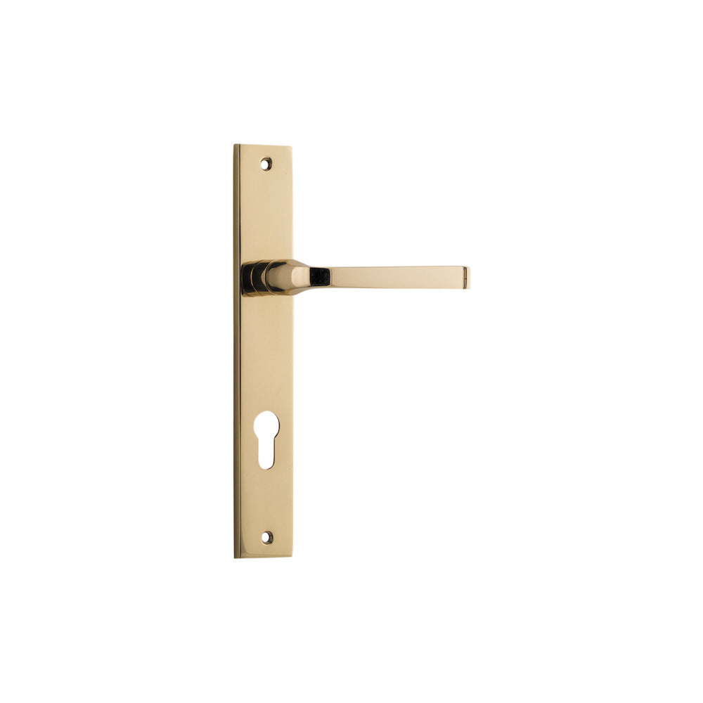 Pair of Iver Annecy lever handles on rectangular backplates, featuring sleek metal finish and modern design.