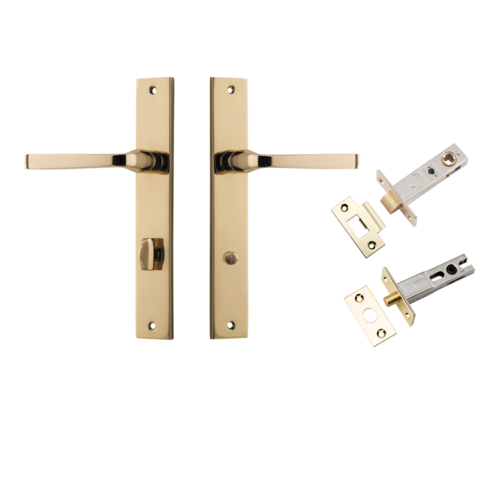 Pair of Iver Annecy lever door handles with rectangular backplates, featuring sleek, modern design and polished finish.