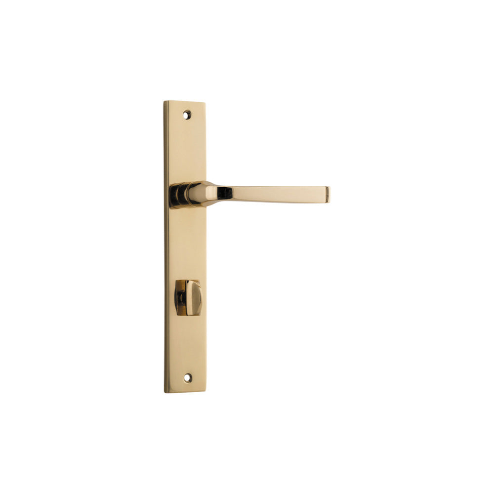Pair of Iver Annecy lever handles with rectangular backplates, featuring a sleek, modern design for interior doors.