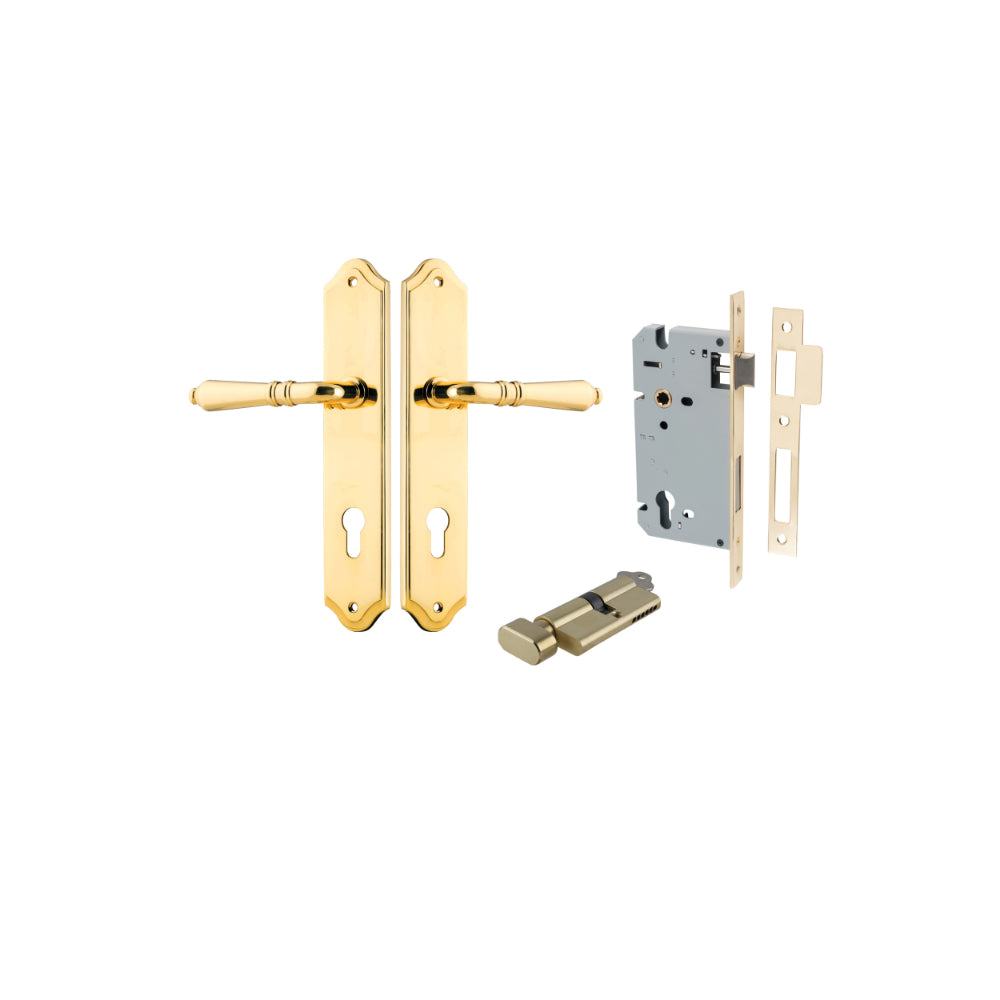 Door Lever Sarlat Shouldered Euro Polished Brass CTC85mm H250xW48xP57mm Entrance Kit Mortice Lock Euro Polished Brass CTC85mm Backset 60mm, Euro Cylinder Key Thumb 6 Pin Polished Brass L70mm KA1 in Polished Brass
