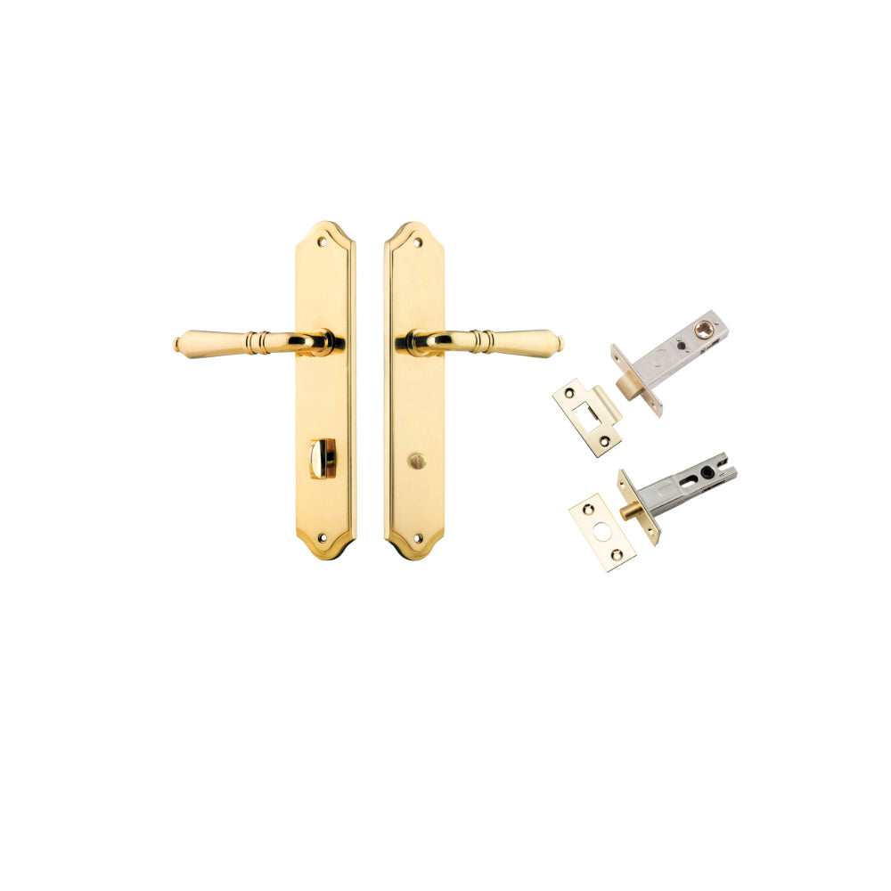 Door Lever Sarlat Shouldered Privacy Polished Brass CTC85mm H250xW48xP57mm Privacy Kit Tube Latch Split Cam 'T' Striker Polished Brass Backset 60mm, Privacy Bolt Round Bolt Polished Brass Backset 60mm in Polished Brass