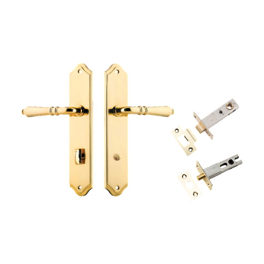 Door Lever Sarlat Shouldered Privacy Polished Brass CTC85mm H250xW48xP57mm Privacy Kit Tube Latch Split Cam 'T' Striker Polished Brass Backset 60mm, Privacy Bolt Round Bolt Polished Brass Backset 60mm in Polished Brass