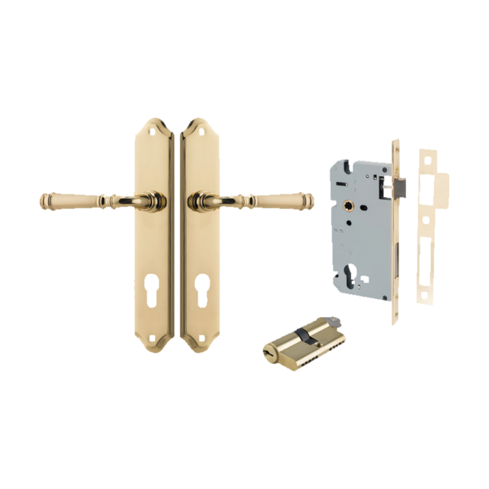 Door Lever Verona Shouldered Euro Polished Brass CTC85mm H240xW50xP59mm Entrance Kit Mortice Lock Euro Polished Brass CTC85mm Backset 60mm, Euro Cylinder Dual Function 5 Pin Polished Brass L65mm KA1 in Polished Brass